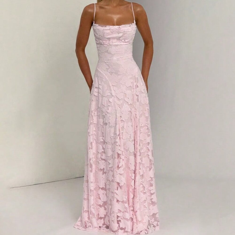 Pink Elegant Women's Backless Strappy Jacquard Dress